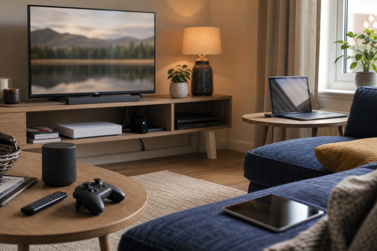 A home router serving a television, laptop, tablet and connected devices