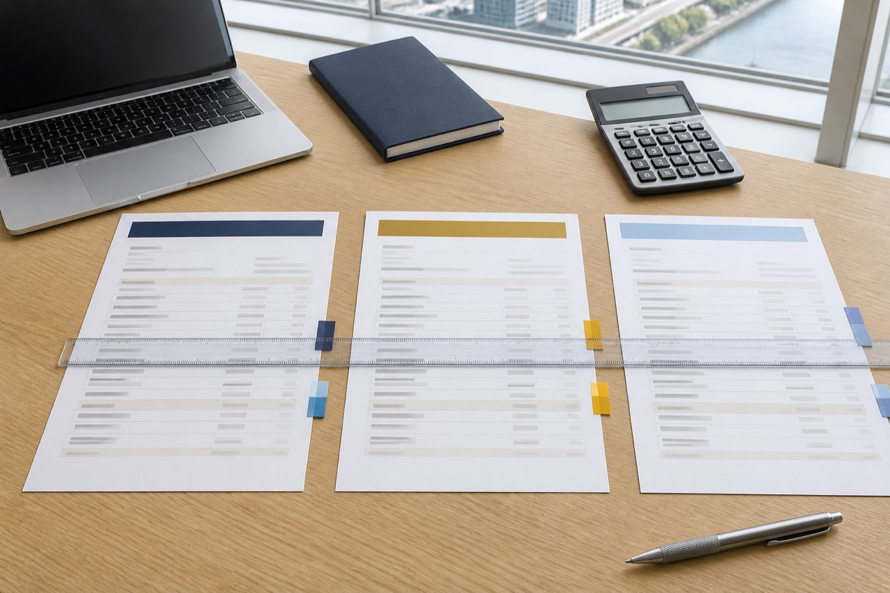 Three service offer sheets aligned for a like-for-like comparison