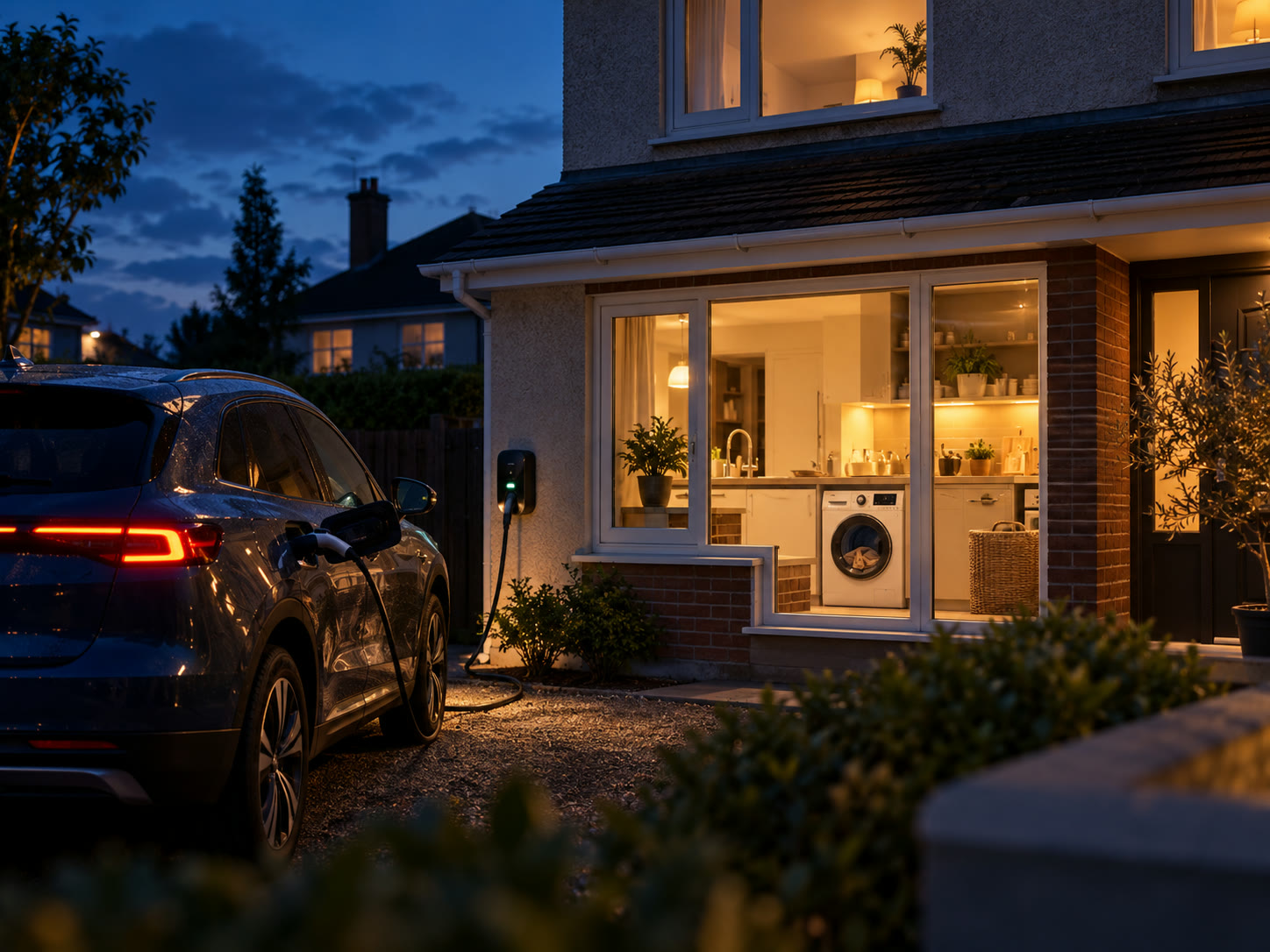 An electric car charging while flexible appliances run at home