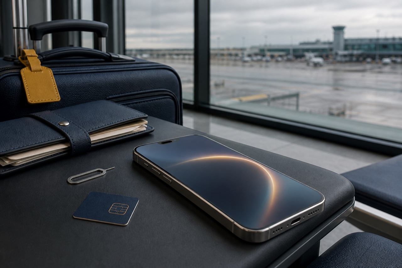 A smartphone and eSIM travel essentials beside carry-on luggage at an airport