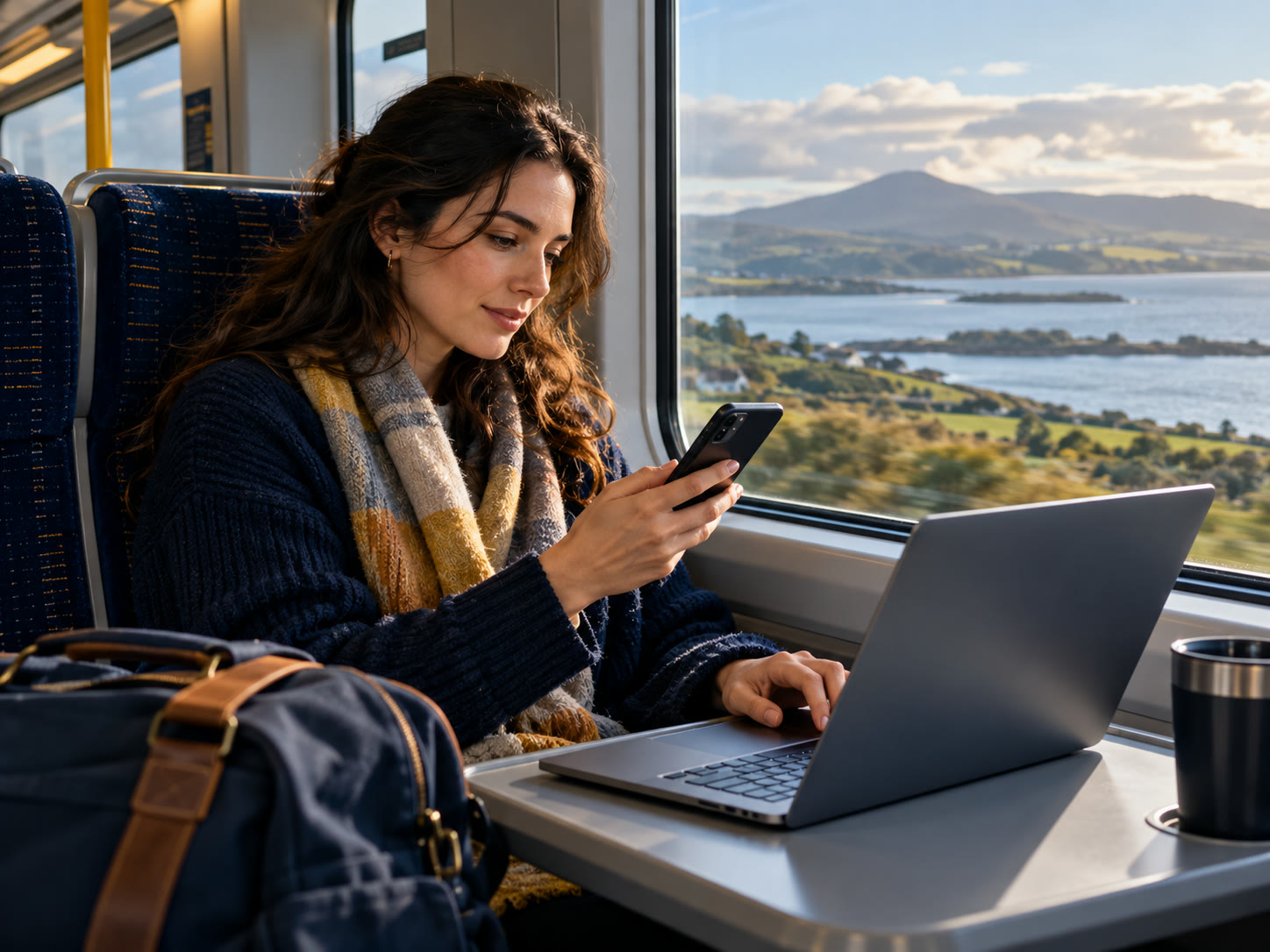 A commuter using a phone and laptop while travelling