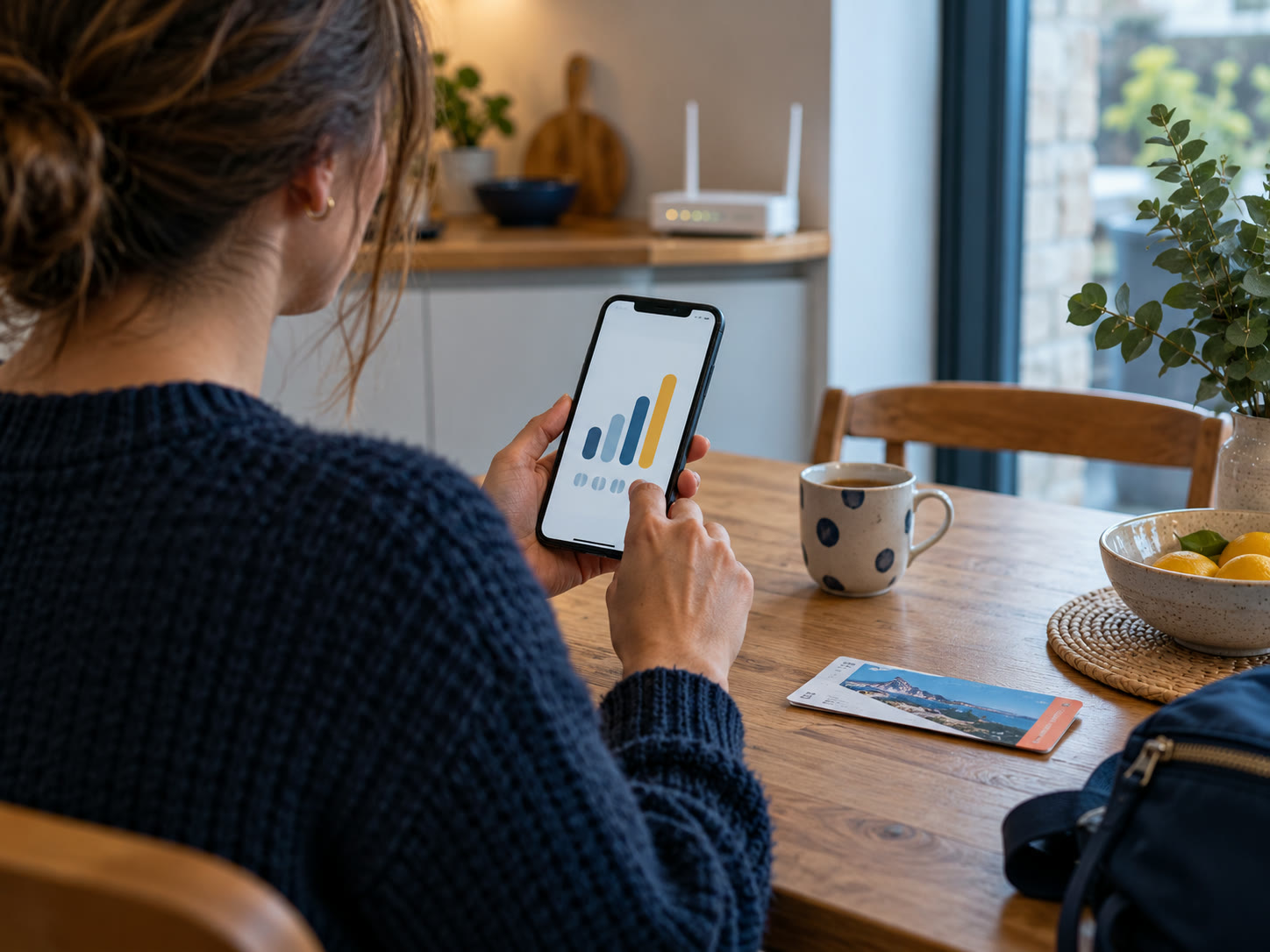 A customer reviewing mobile data use beside their home Wi-Fi router