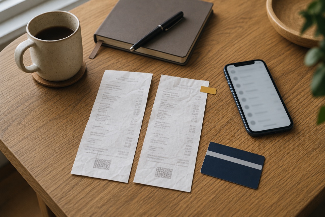 Two payment receipts being checked beside a smartphone and face-down bank card