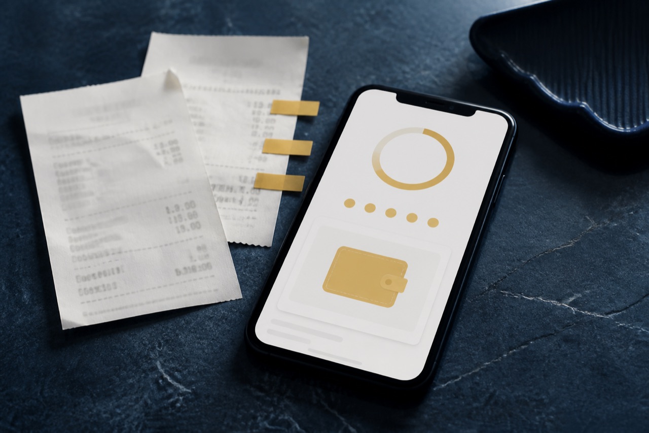 Purchase receipts beside a smartphone showing a digital rewards and wallet view