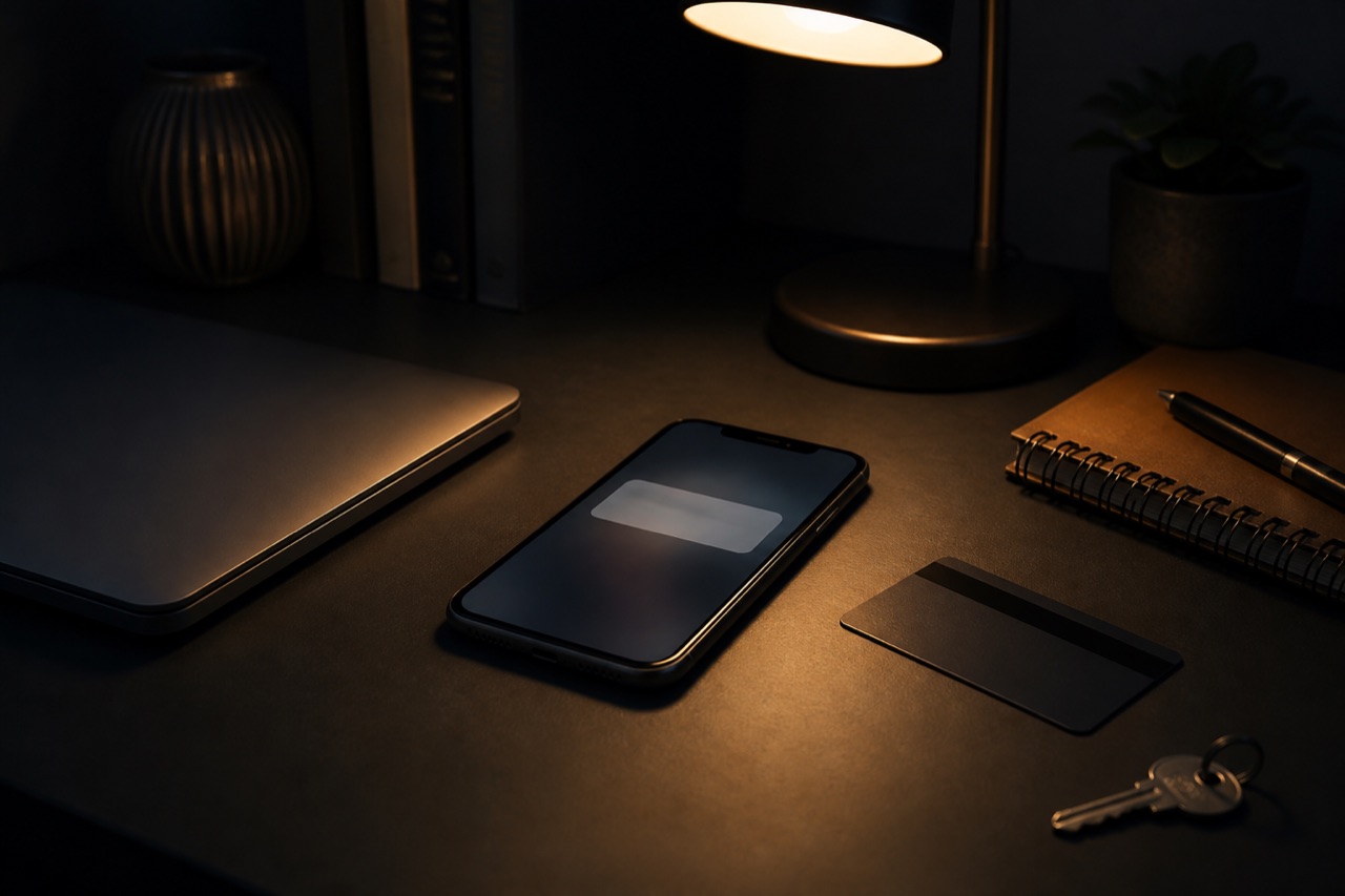 A phone with an unknown notification beside a closed laptop and face-down payment card